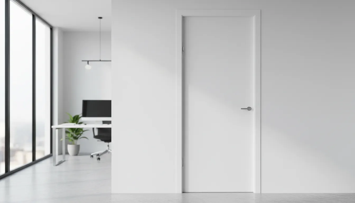 Ușă albă cu toc perfect aliniat și balamale ascunse într-un birou elegant