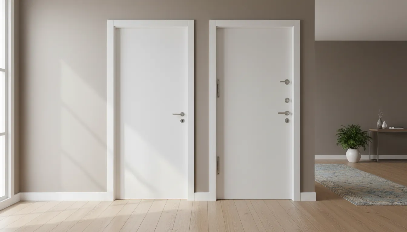 Două uși albe de interior, una cu balamale ascunse și una cu balamale vizibile, într-un hol