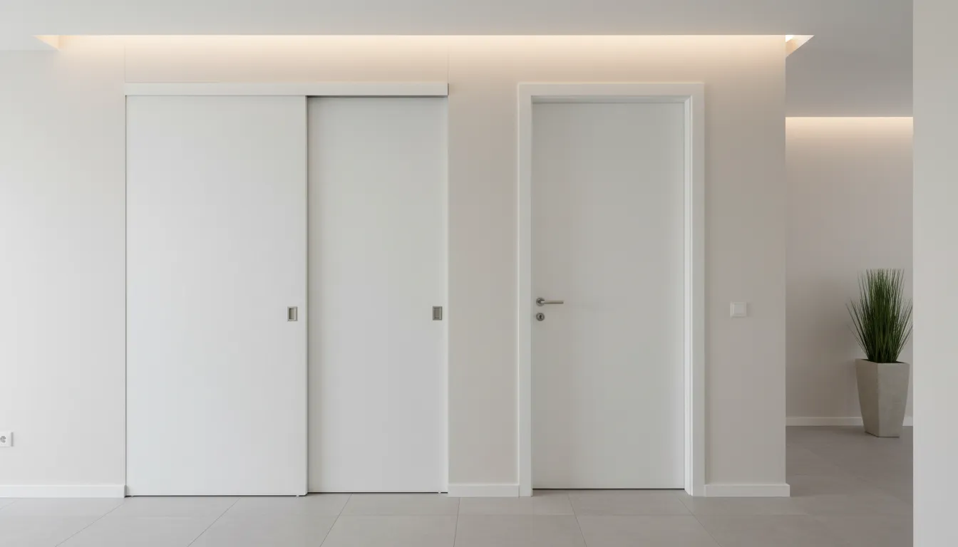 Hol cu două uși, una glisantă albă și una batantă standard, una lângă alta