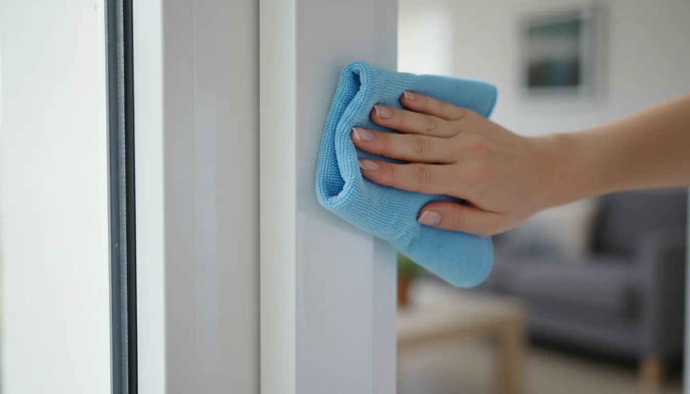 Mână curăță delicat o ușă glisantă albă cu o lavetă moale