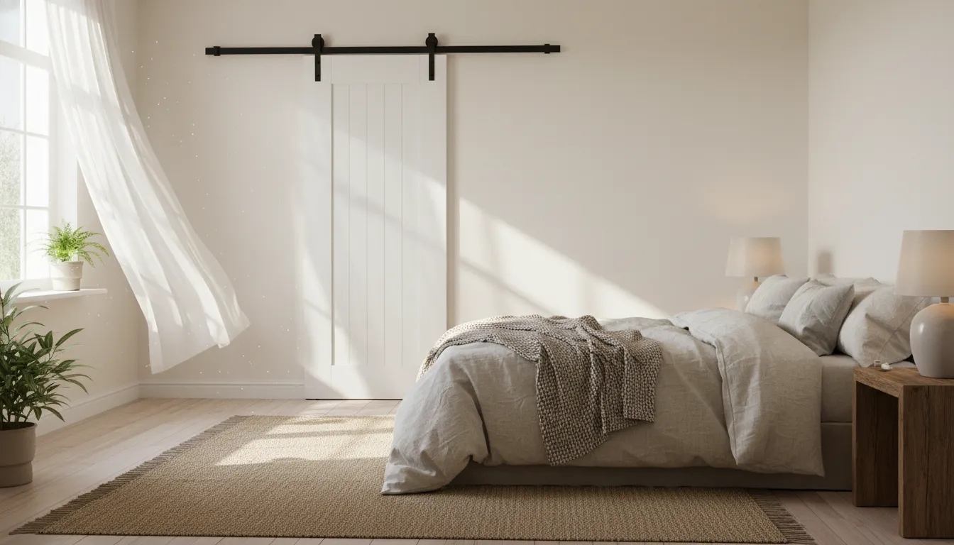 Ușă glisantă albă pe șină, lângă pat, într-un dormitor luminos