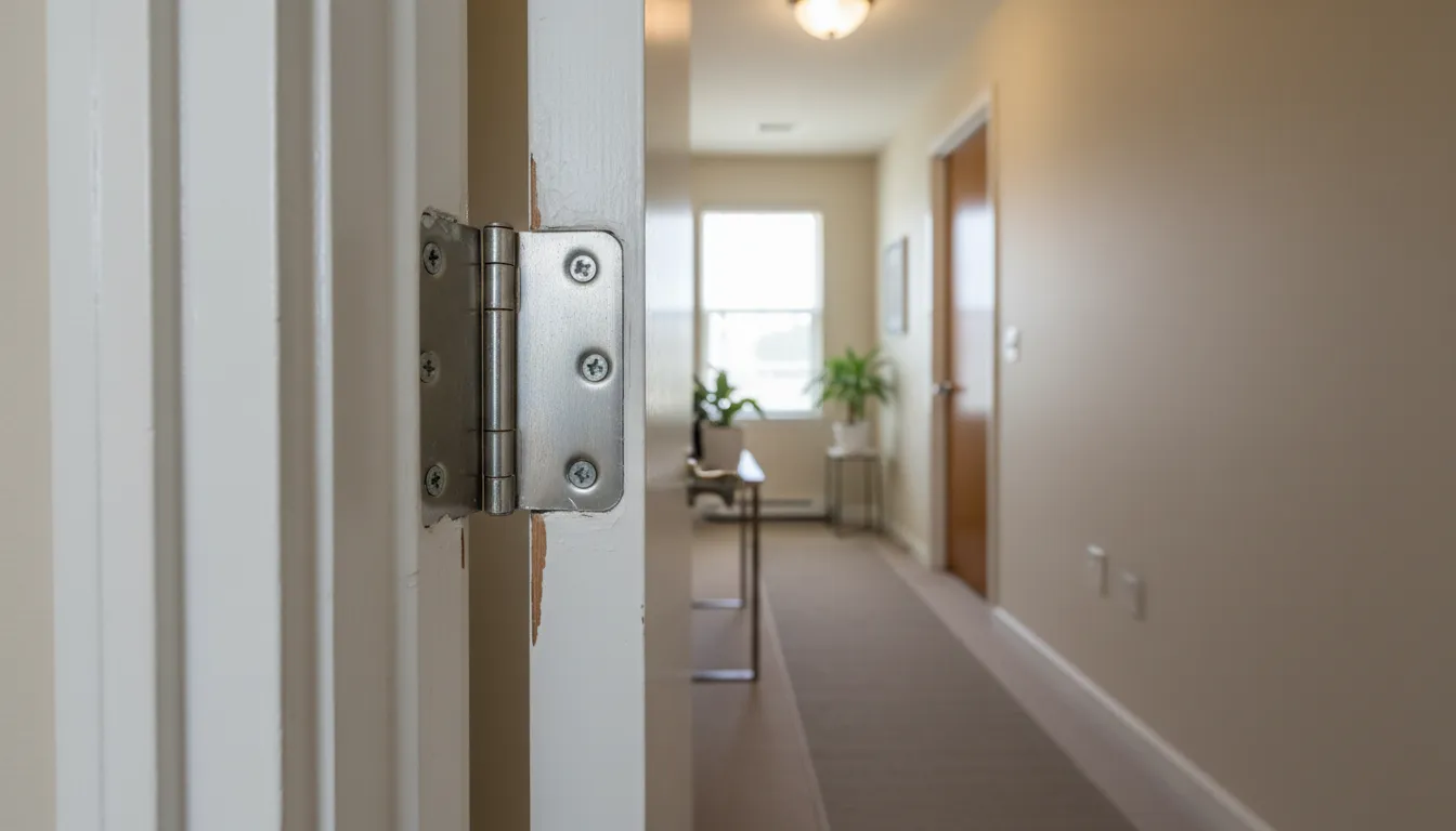 Detaliu al montajului incorect al balamalelor pe o ușă albă de interior