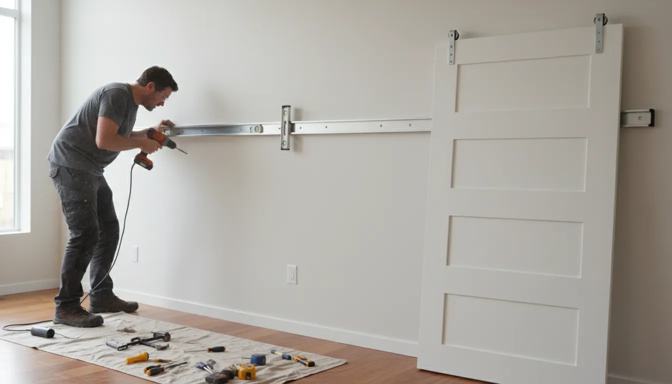 Specialist instalează șina metalică pentru o ușă glisantă albă pe perete