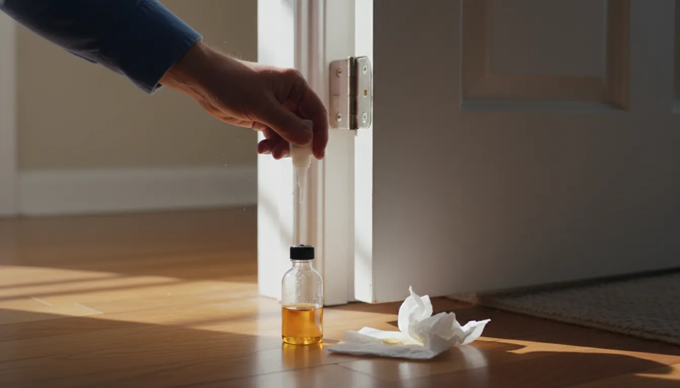 Sticlă mică de ulei și un șervețel lângă balamalele unei uși albe