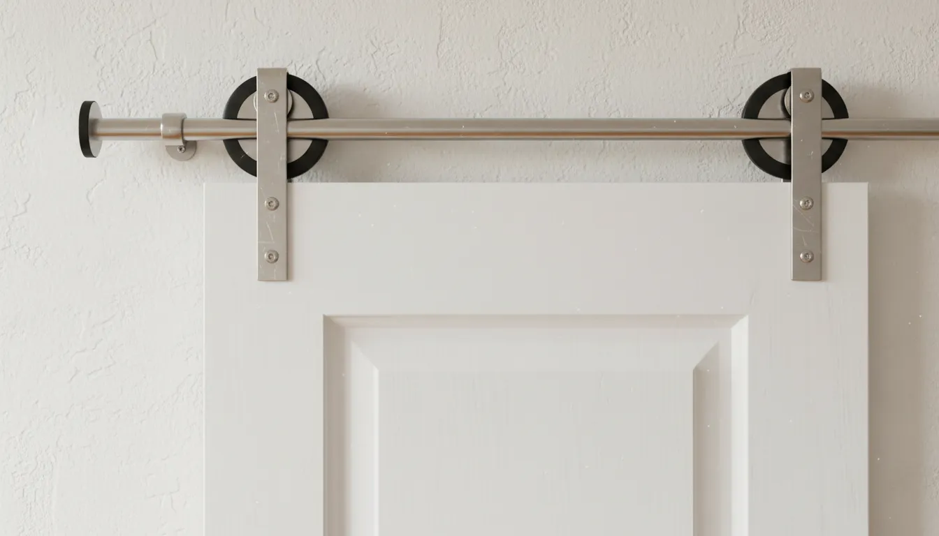 Mecanism metalic de glisare pentru ușă montat deasupra unei uși albe