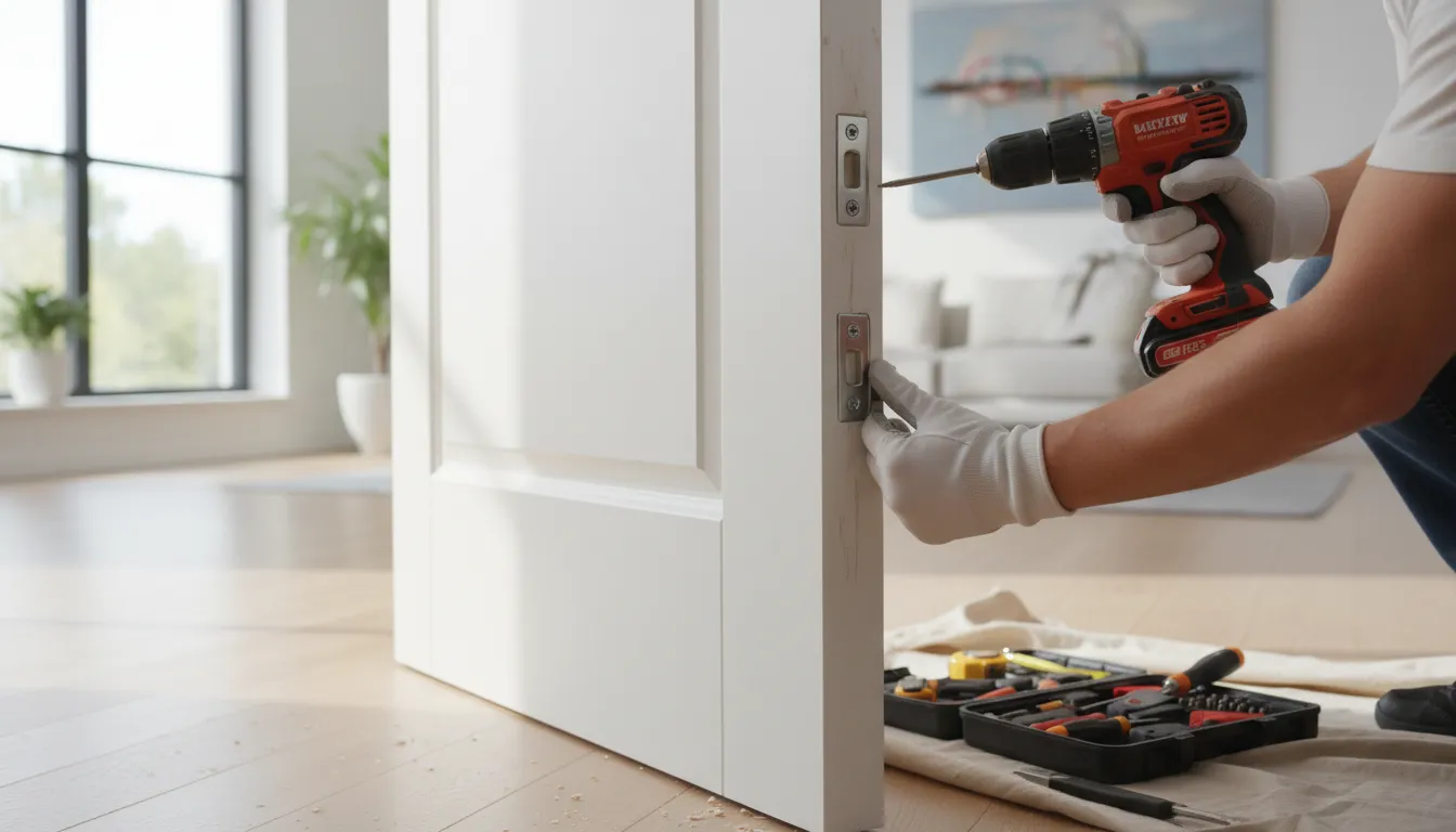 Proces de instalare a balamalelor pe o ușă albă de interior în sufragerie