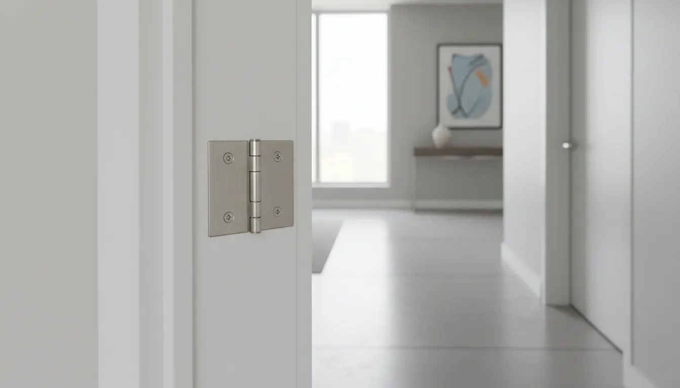 Ușă albă de interior cu balamale metalice expuse într-un coridor modern