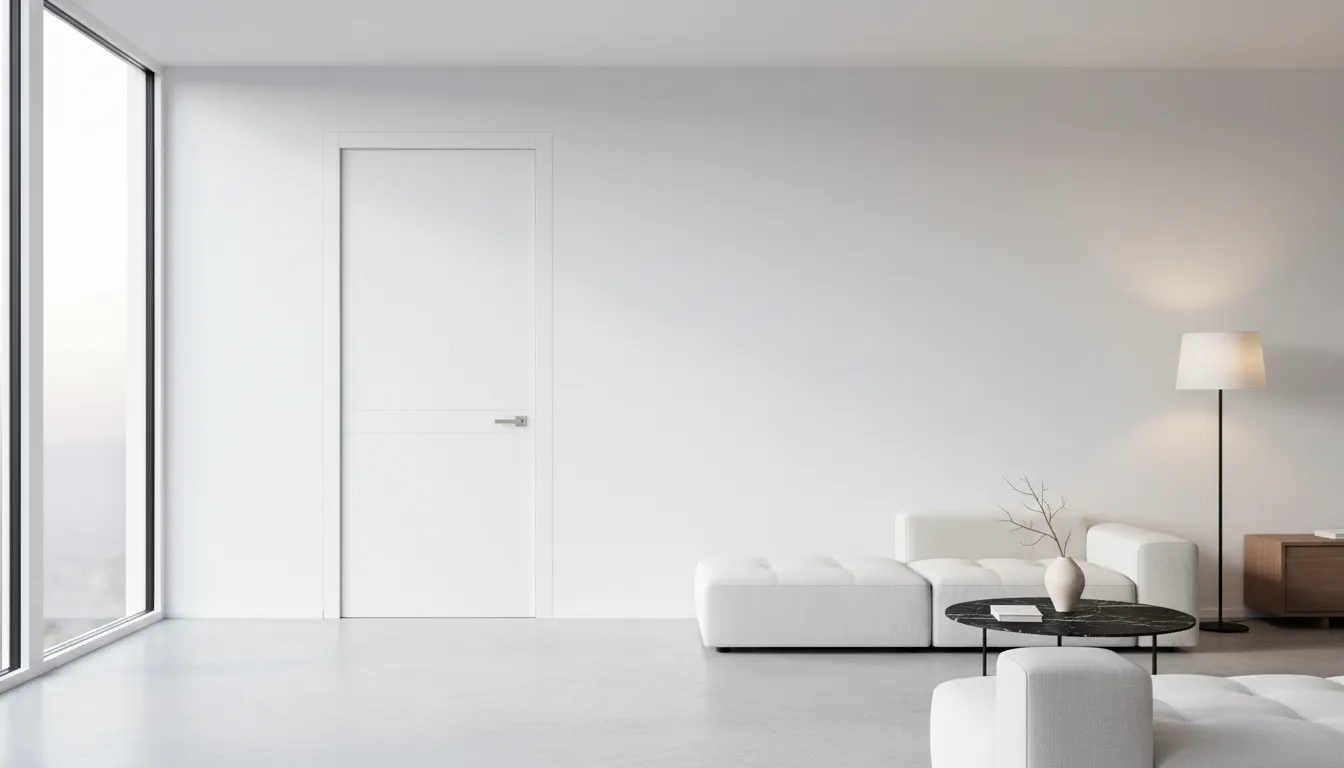 Ușă de interior albă cu balamale ascunse, perfect integrată într-un living modern luminos