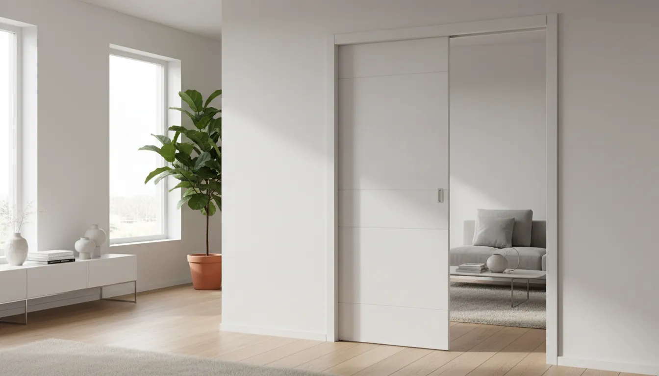 Ușă glisantă de culoare albă montată în cameră modernă, iluminată natural
